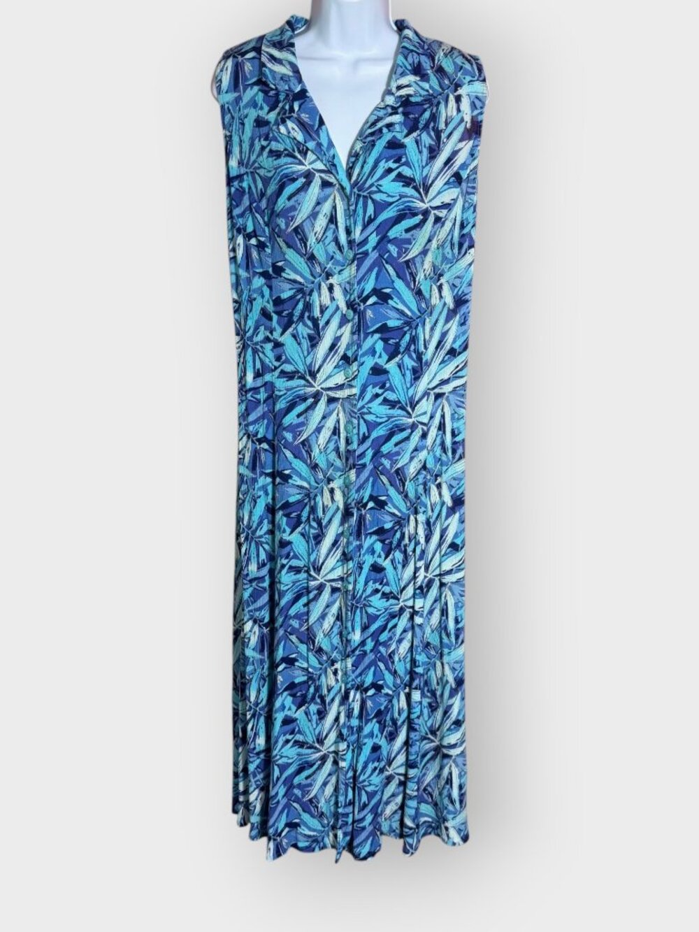 Vtg Betsy Lauren Midi Shirt Dress | 12 Blue Palm Leaf | 90s Phoebe Resortwear